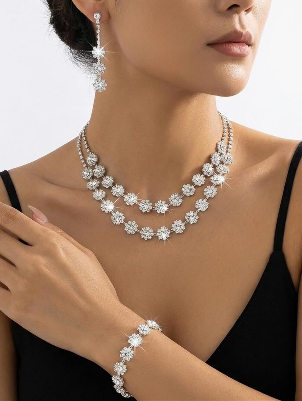 Sparkling Silver Floral Crystal Necklace & Bracelet Set